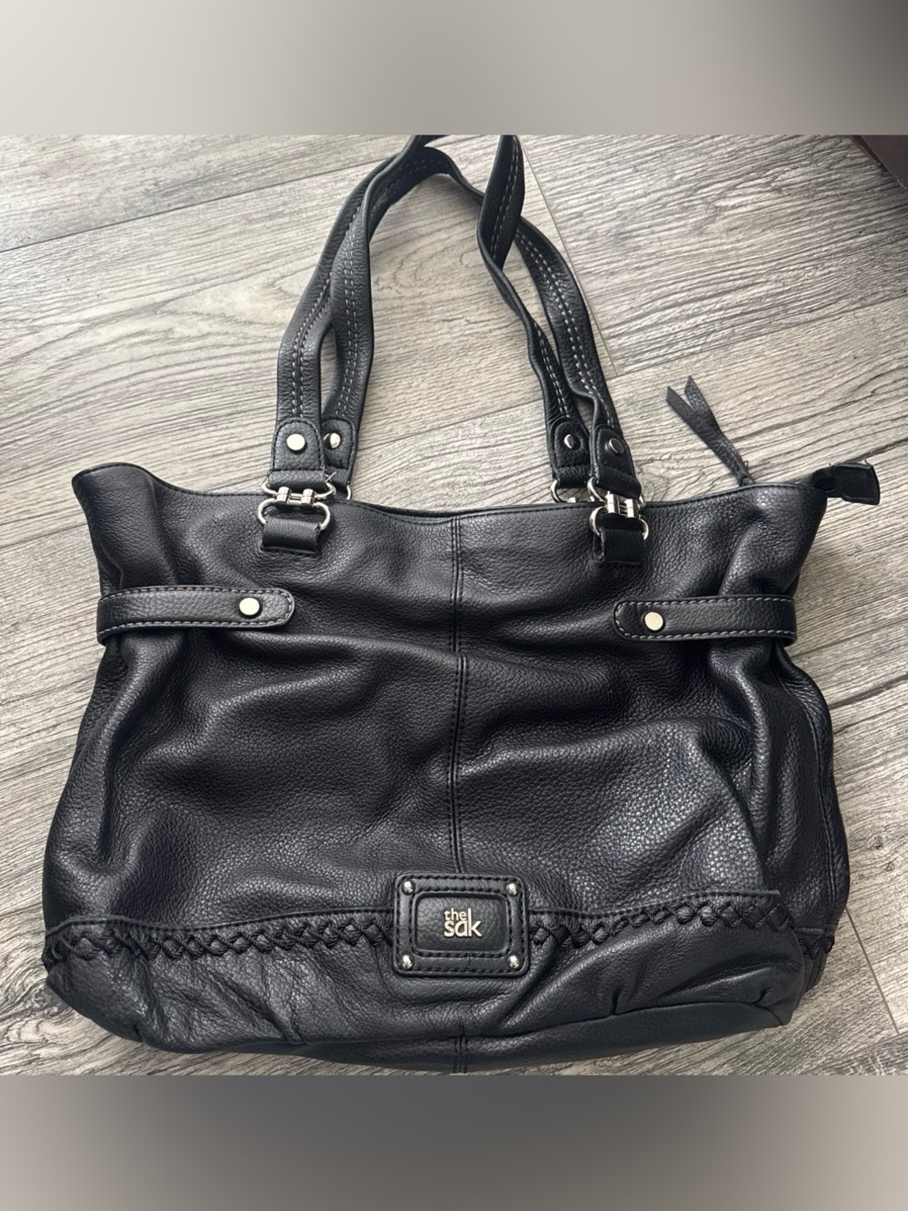 The Sak Black Pebbled Leather Tote with Braided Trim